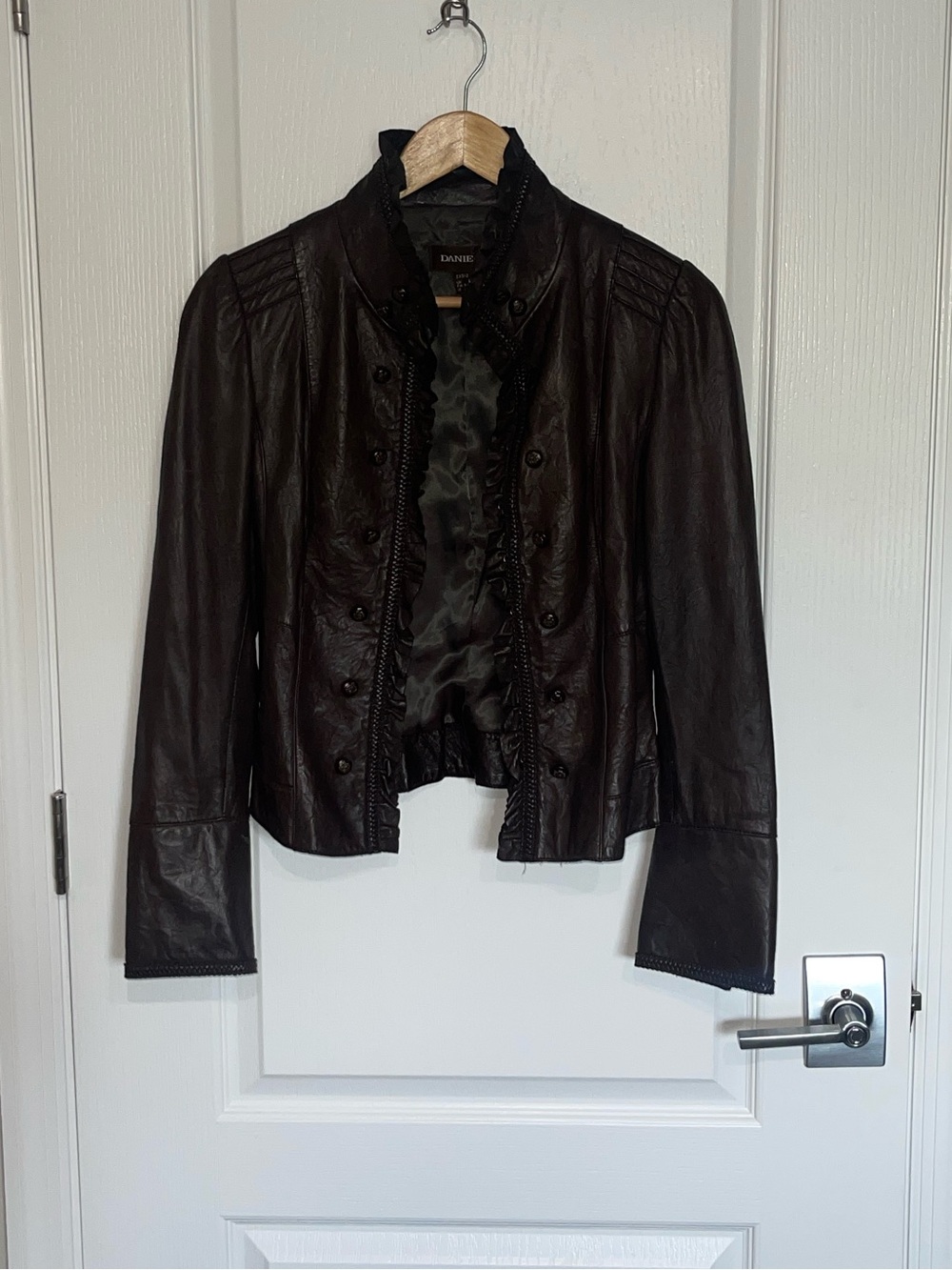 DANIER Dark Brown Military-Style Leather Jacket Button Vampire Dairies 2XS XXS - Picture 2 of 8